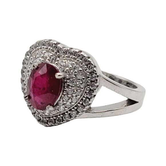 925 Sterling Silver Rhodium Plated Genuine Ruby Clear CZ Heart Shaped Ring - Picture 6 of 9